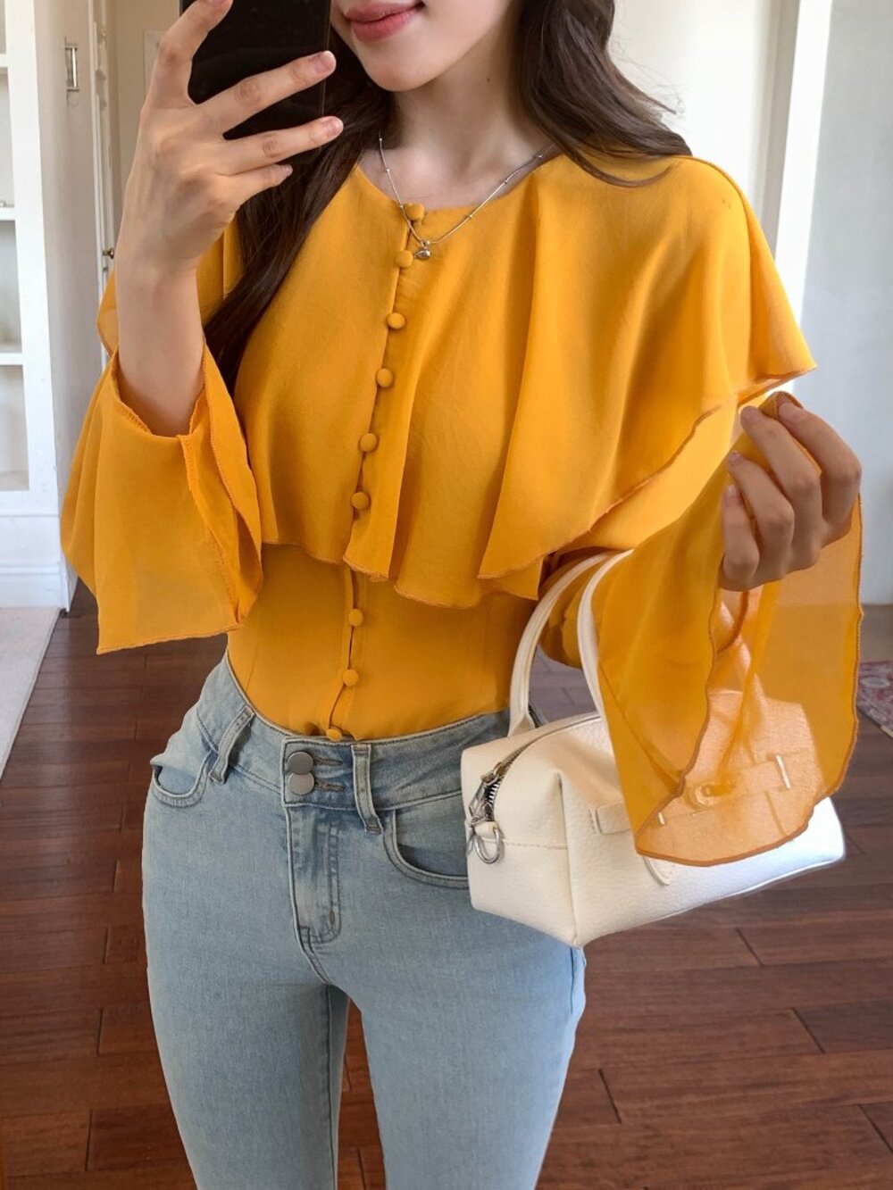Yellow Elegant Women's Patchwork Ruffle Long Sleeve Single-Breasted Blouse